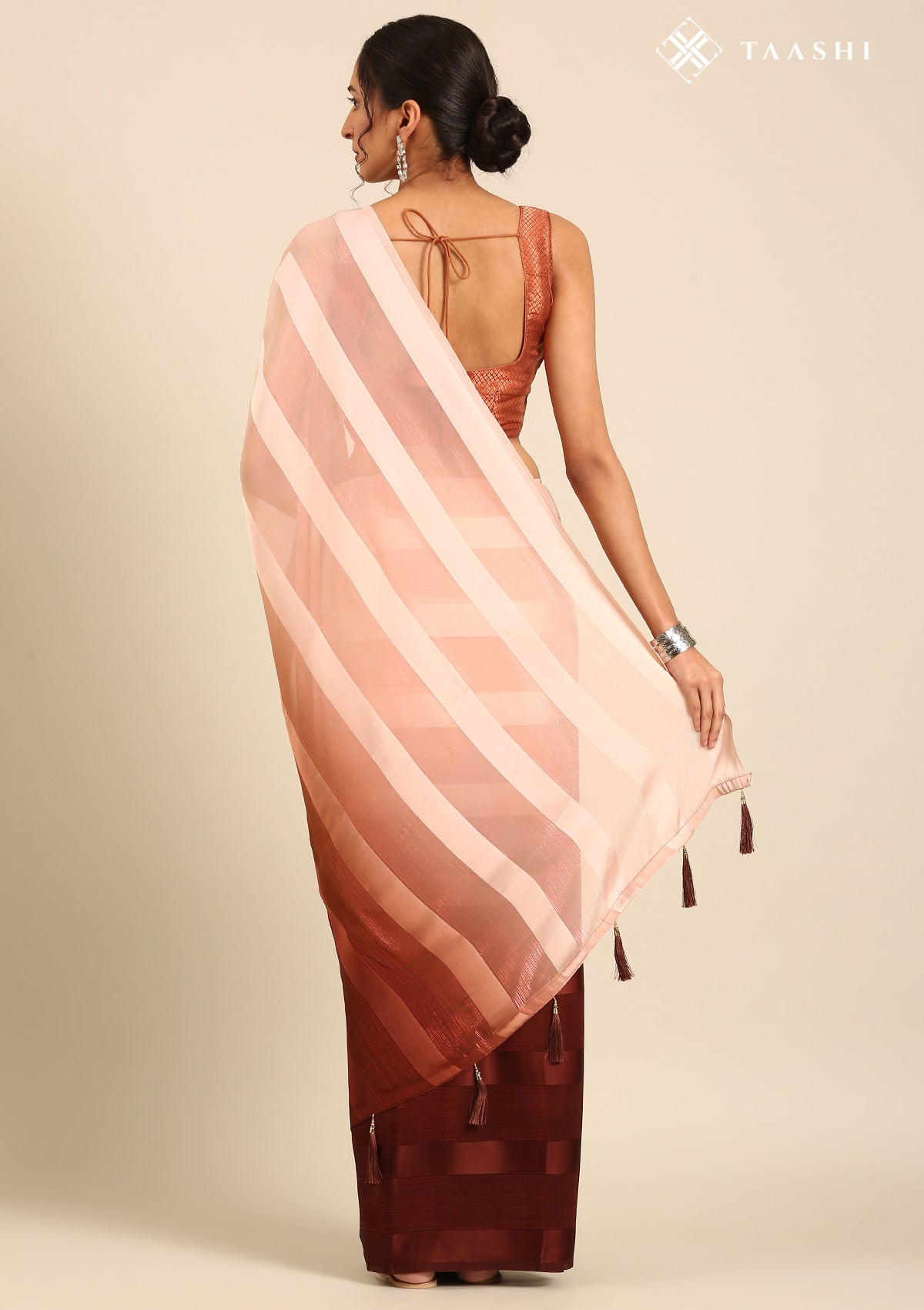 Brown Ombre Metallic Zari Striped Chiffon Saree