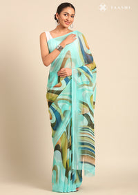 Turquoise Blue Georgette Contemporary Printed Saree