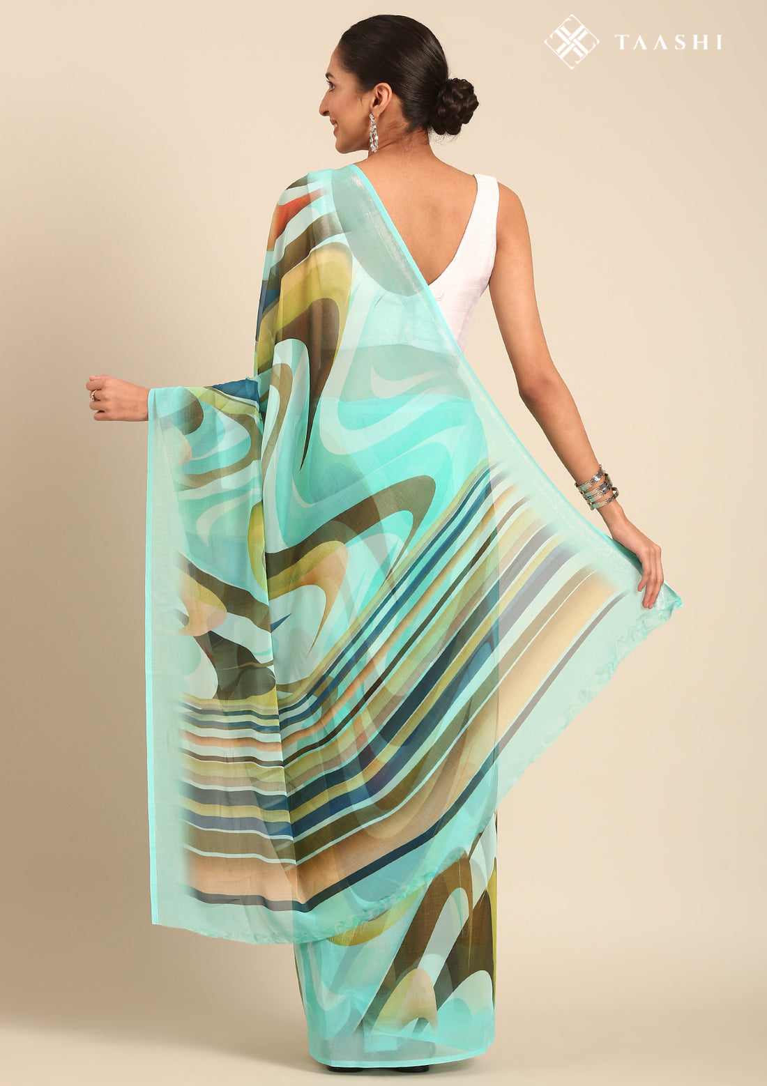 Turquoise Blue Georgette Contemporary Printed Saree