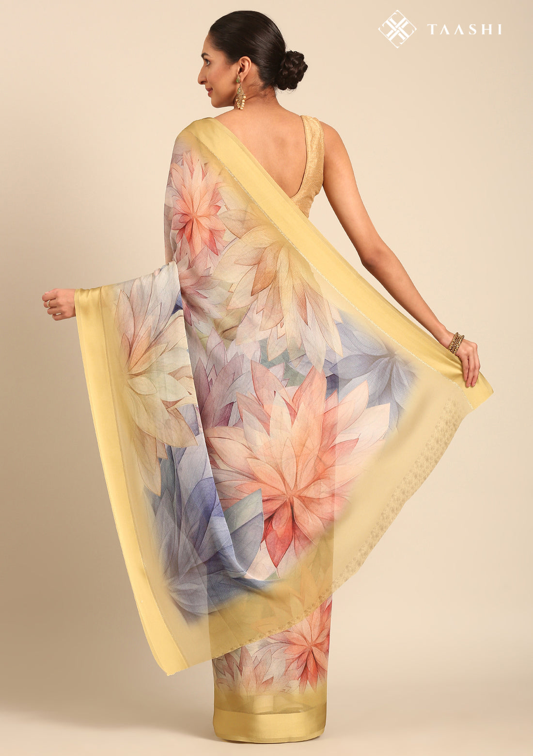 Dusty Yellow Georgette Contemporary Printed Saree