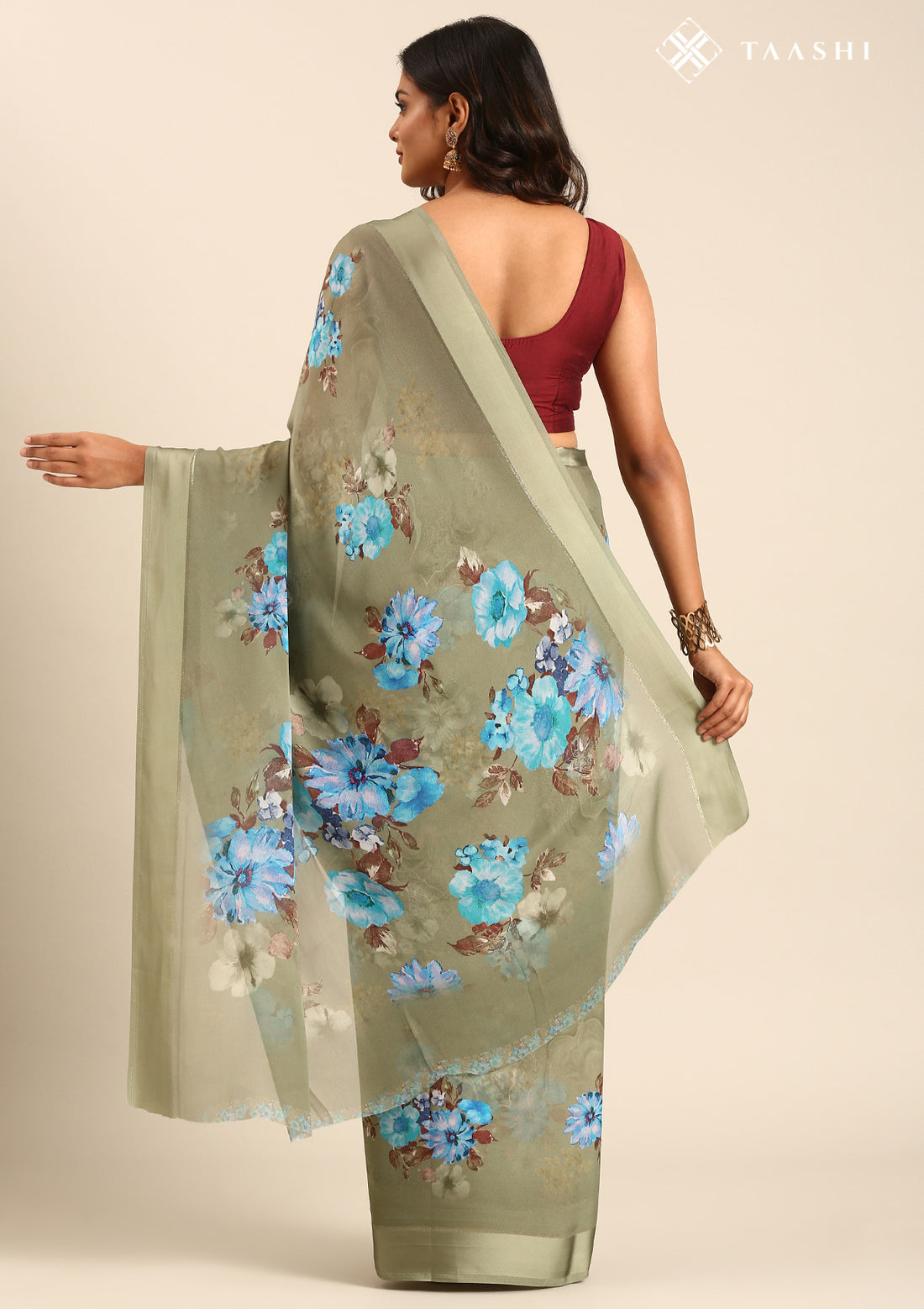 Sage Green Georgette Contemporary Printed Saree