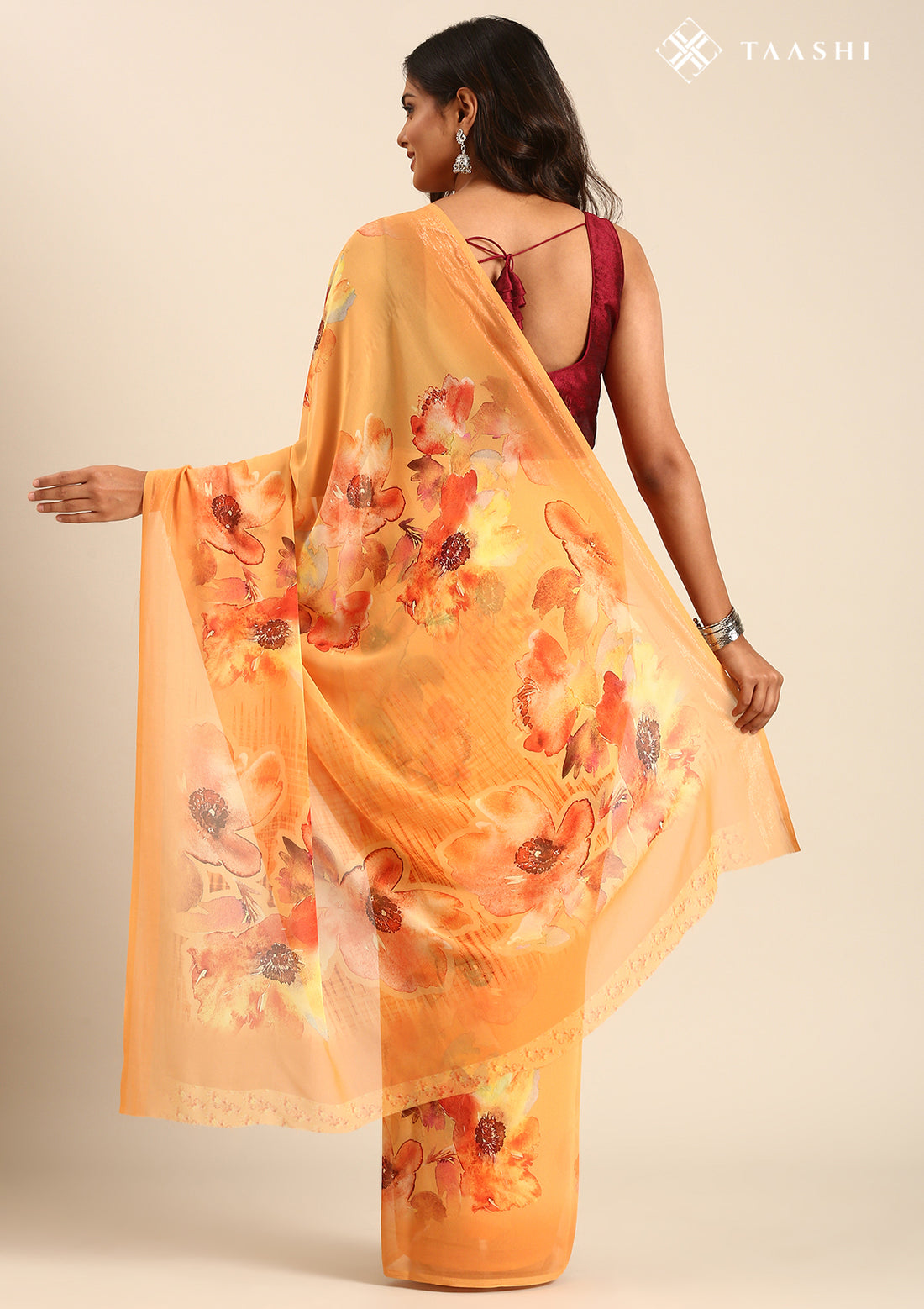 Orange Georgette Contemporary Printed Saree
