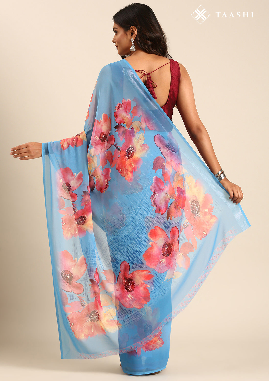Powder Blue Georgette Contemporary Printed Saree