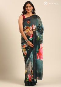 Dark Teal Georgette Contemporary Printed Saree