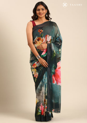 Dark Teal Georgette Contemporary Printed Saree