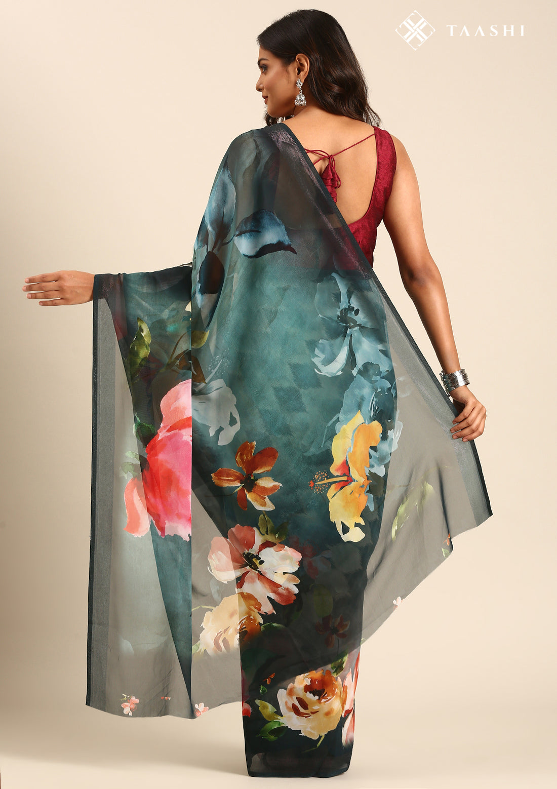 Dark Teal Georgette Contemporary Printed Saree