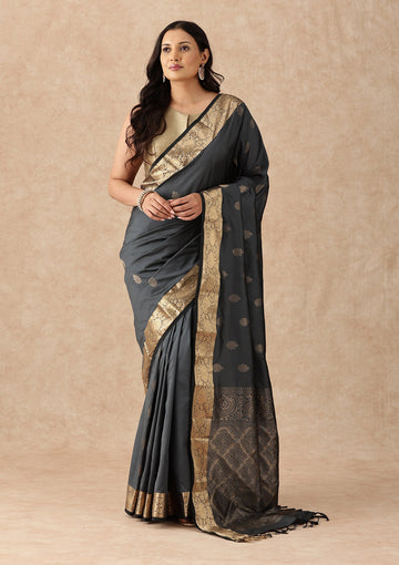 Dark Grey Silk Kanjivaram Saree