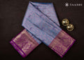 Full length front view model drape photograph of Taashi Amethyst Vine Tapestry saree (PKJ45) in premium Silver Grey & Lavender Shot Kanjeevaram fabric layout.