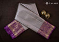 Full length front view model drape photograph of Taashi Champagne Cadence saree (PKJ41) in premium Champagne Gold & Pale Silver Kanjeevaram fabric layout.