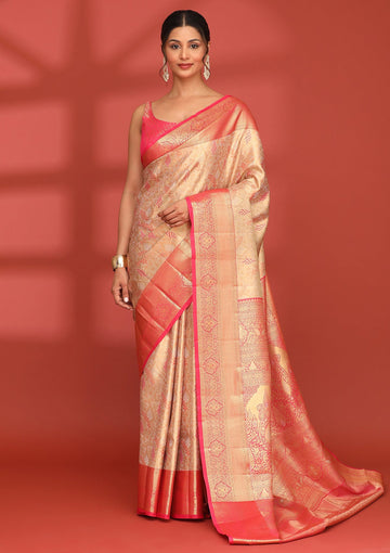 Beige Silk Korvai Tissue Kanjivaram Weave Saree