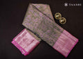 Full length front view model drape photograph of Taashi The Gilded Blossom saree (PKJ23) in premium Antique Gold & Amber Tint Kanjeevaram fabric layout.