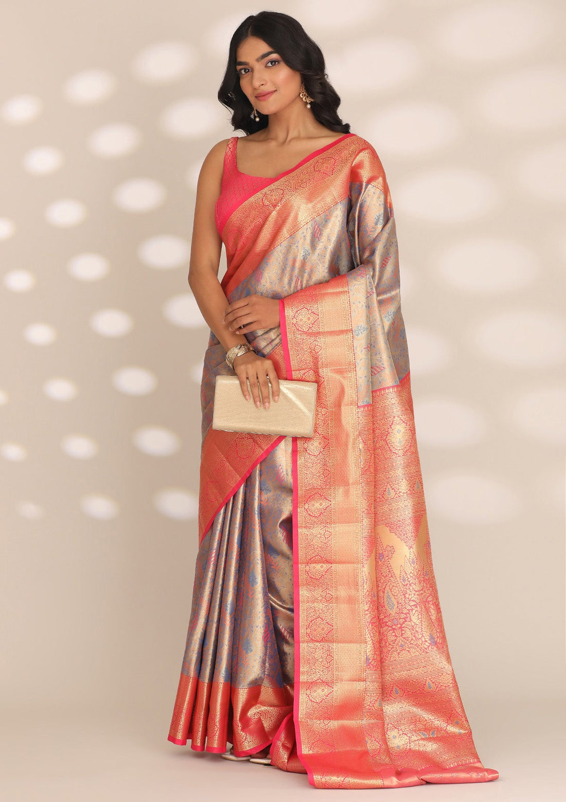 Dusty Blue Silk Korvai Tissue Kanjivaram Weave Saree