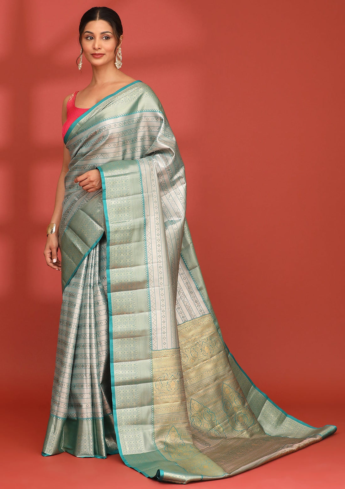 Teal Silk Ottu Tissue Kanjivaram Weave Saree