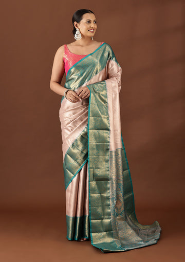 Rose Gold Silk Korvai Tissue Kanjivaram Weave Saree