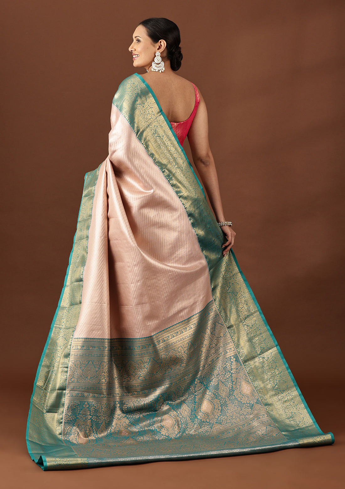 Rose Gold Silk Korvai Tissue Kanjivaram Weave Saree