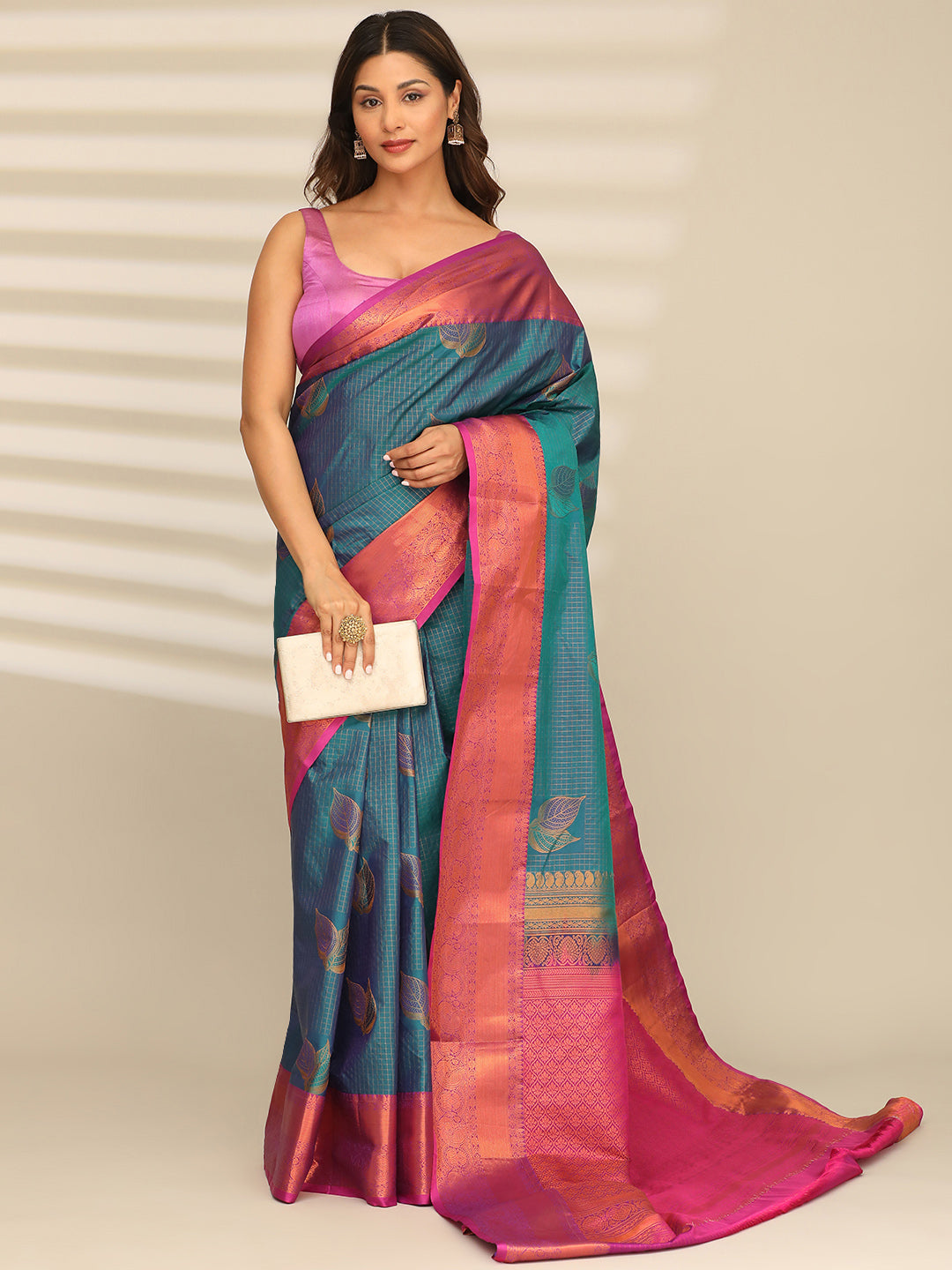 Teal Silk Kattam Kanjivaram Weave Saree
