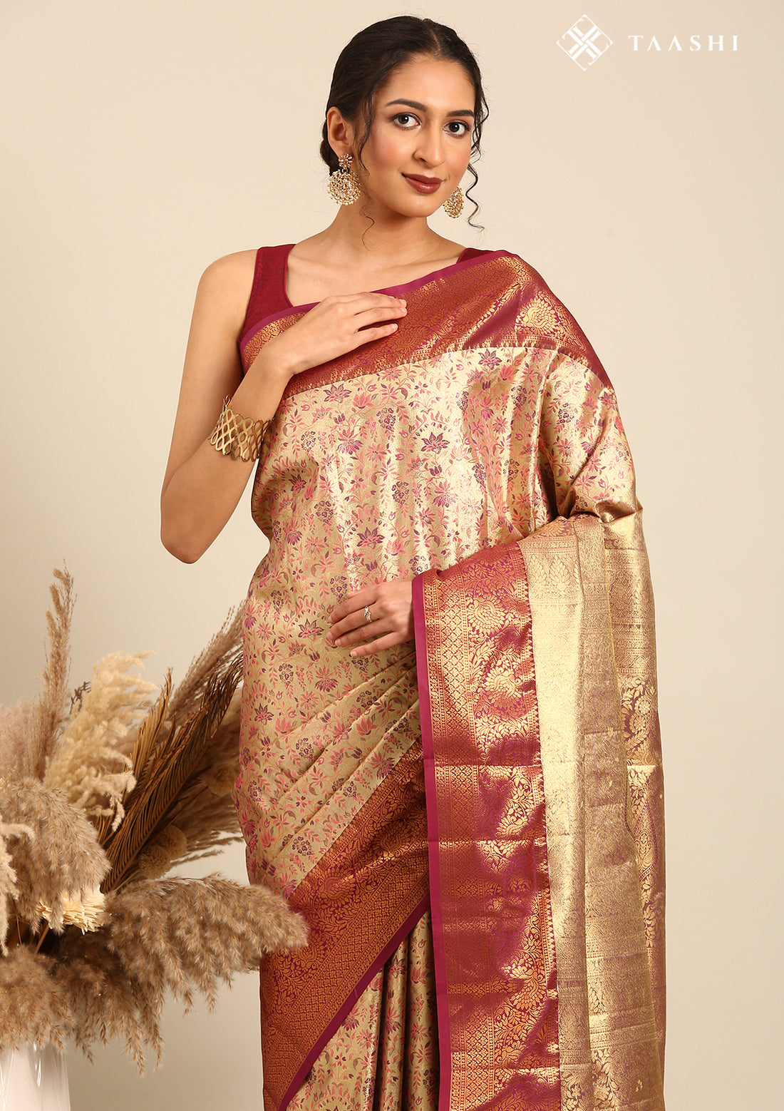 Golden And Dark Purple Kanchipuram Saree