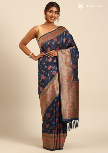 Dark Blue Jacquard Floral Jaal Pattern Linen Saree