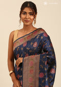 Dark Blue Jacquard Floral Jaal Pattern Linen Saree - Taashi