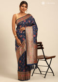 Dark Blue Jacquard Floral Jaal Pattern Linen Saree - Taashi