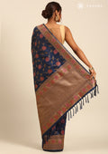 Dark Blue Jacquard Floral Jaal Pattern Linen Saree - Taashi