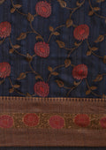 Dark Blue Jacquard Floral Jaal Pattern Linen Saree - Taashi