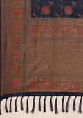 Dark Blue Jacquard Floral Jaal Pattern Linen Saree - Taashi