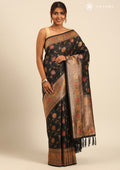 Black Jacquard Floral Jaal Pattern Linen Saree - Taashi