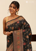 Black Jacquard Floral Jaal Pattern Linen Saree - Taashi