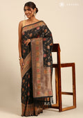 Black Jacquard Floral Jaal Pattern Linen Saree - Taashi