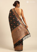 Black Jacquard Floral Jaal Pattern Linen Saree - Taashi