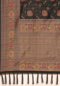 Black Jacquard Floral Jaal Pattern Linen Saree - Taashi