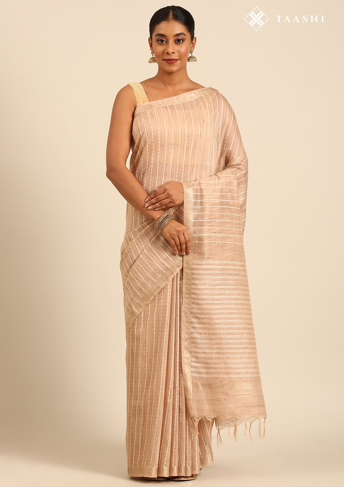 Beige Woven Stripes Linen Saree