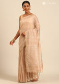 Beige Woven Stripes Linen Saree - Taashi