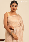 Beige Woven Stripes Linen Saree - Taashi