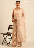 Beige Woven Stripes Linen Saree - Taashi