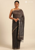 Charcoal Woven Stripes Linen Saree - Taashi