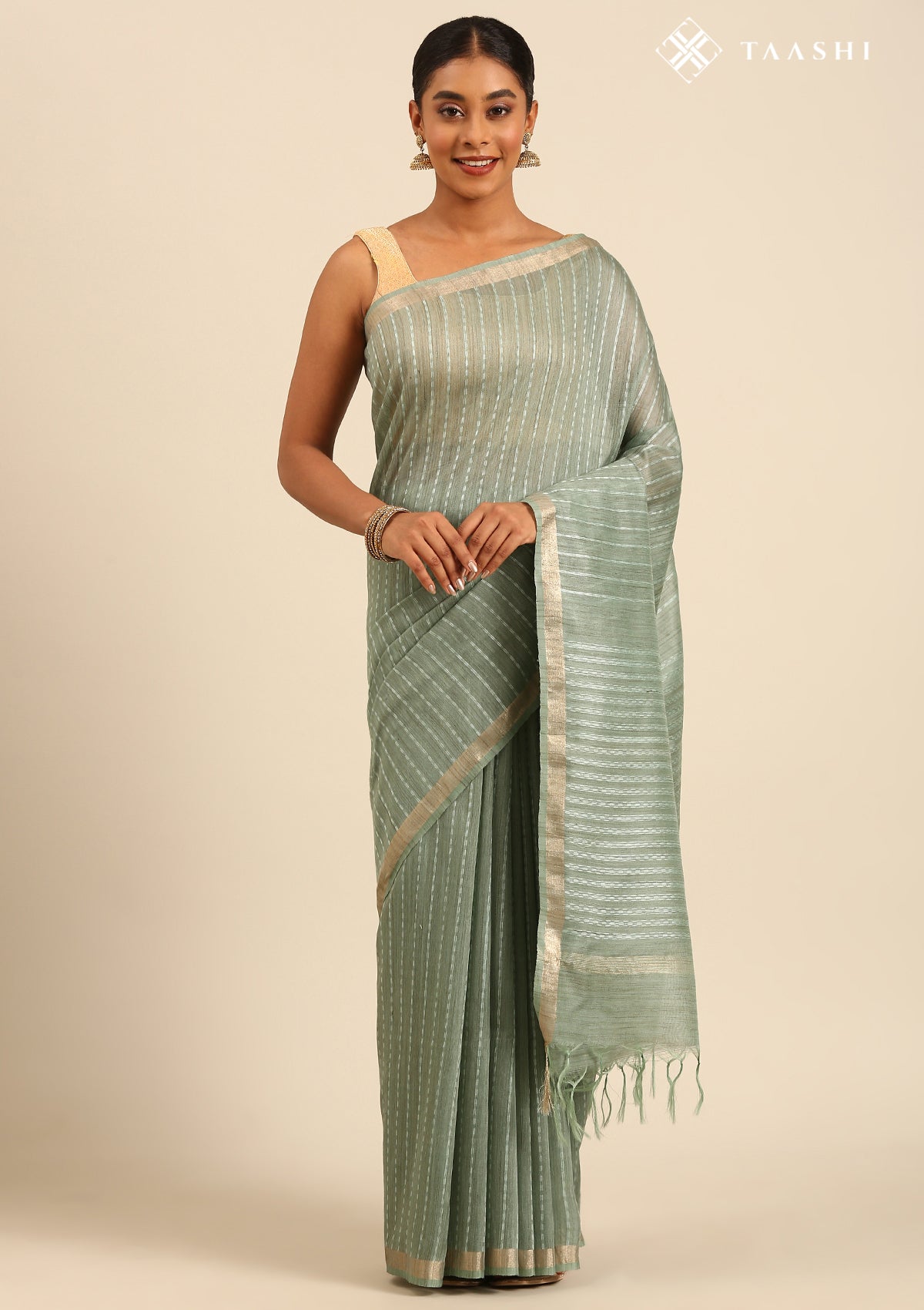 Sage Green Woven Stripes Linen Saree