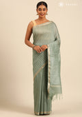 Sage Green Woven Stripes Linen Saree - Taashi