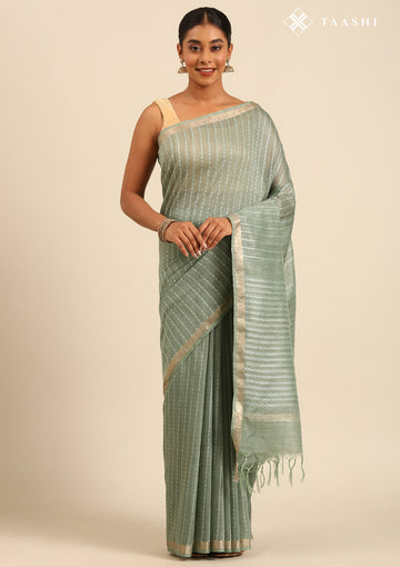 Sage Green Woven Stripes Linen Saree