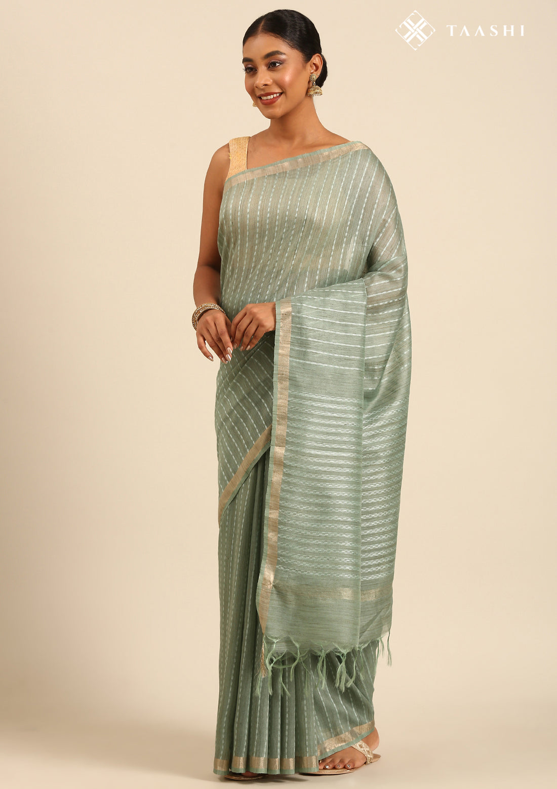 Sage Green Woven Stripes Linen Saree
