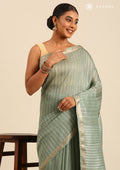 Sage Green Woven Stripes Linen Saree - Taashi