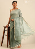 Sage Green Woven Stripes Linen Saree - Taashi