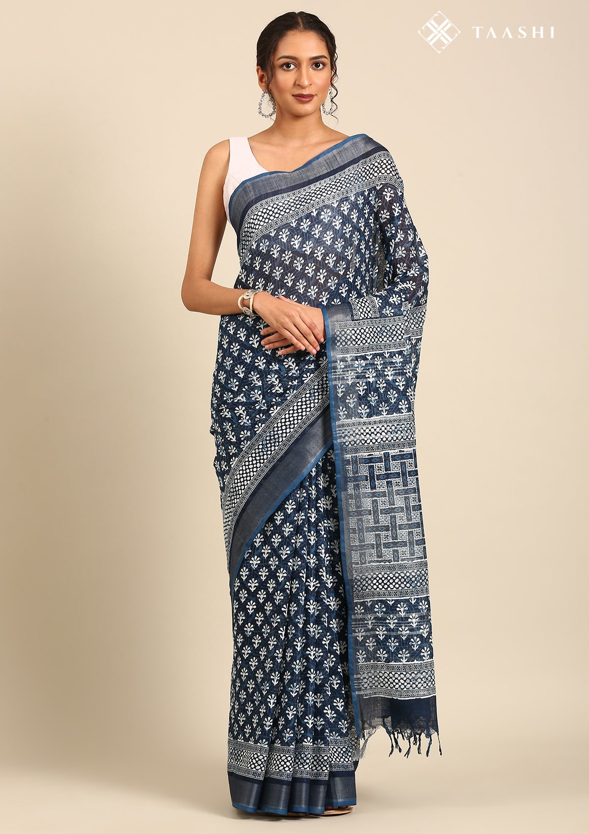 Indigo Color Block Printed Linen Saree