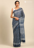 Indigo Color Block Printed Linen Saree - Taashi