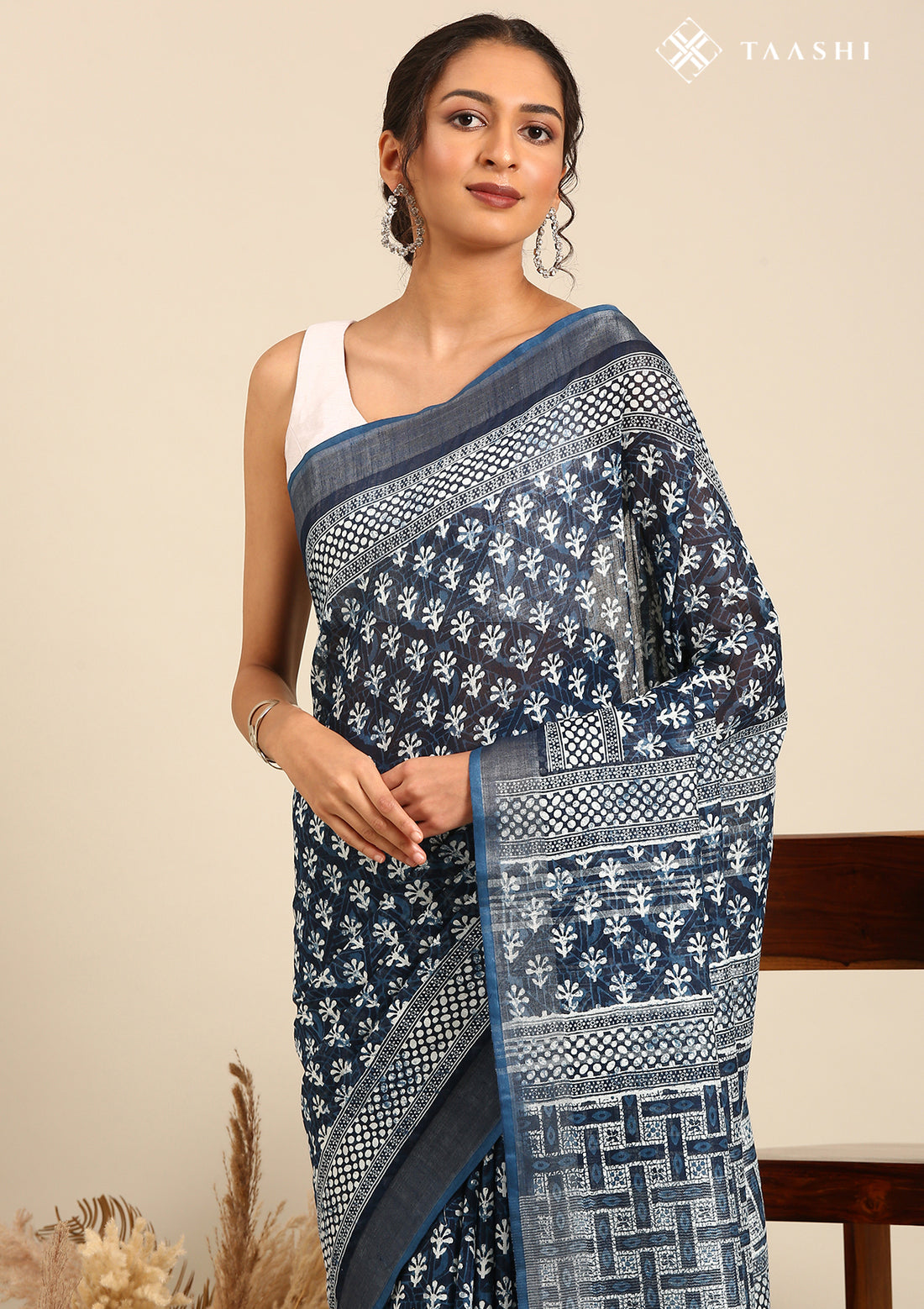 Indigo Color Block Printed Linen Saree