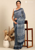 Indigo Color Block Printed Linen Saree - Taashi