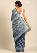 Indigo Color Block Printed Linen Saree - Taashi