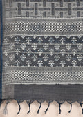 Indigo Color Block Printed Linen Saree - Taashi