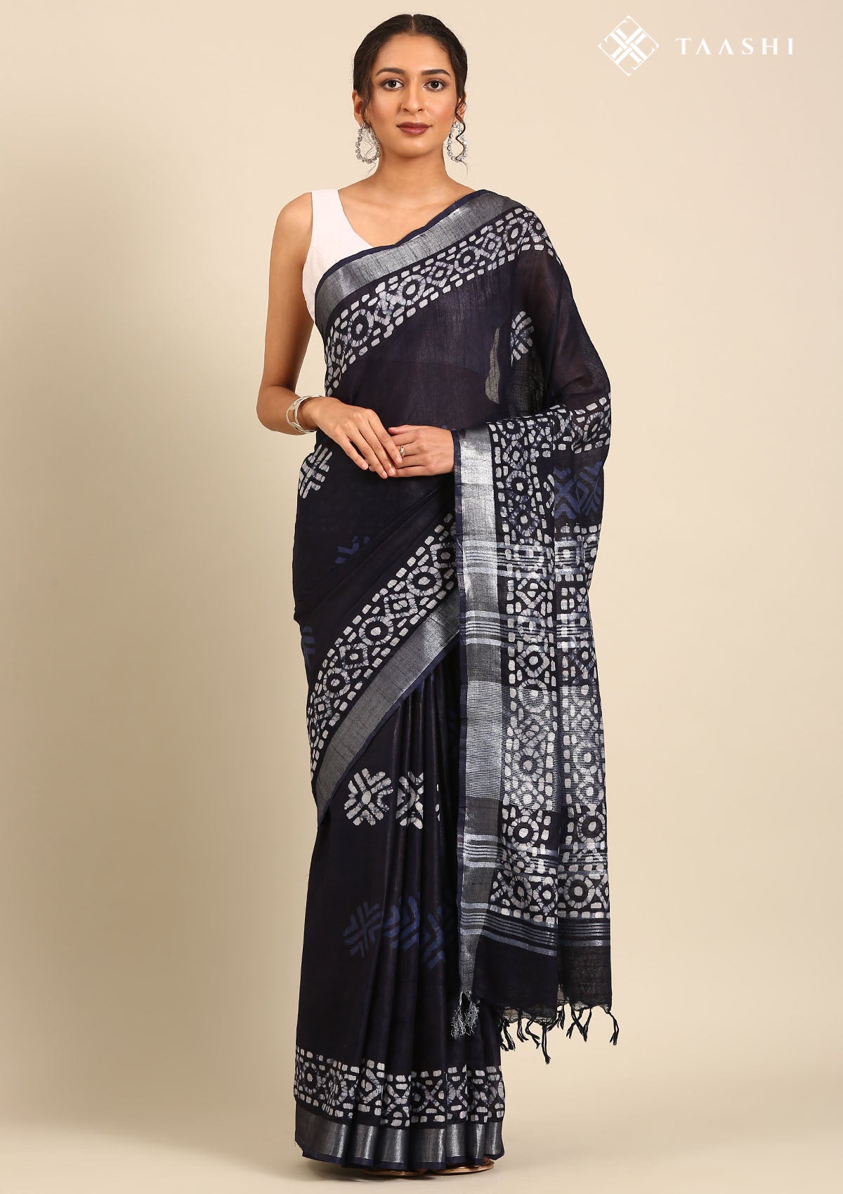 Navy Blue Color Block Printed Batik Pattern Linen Saree